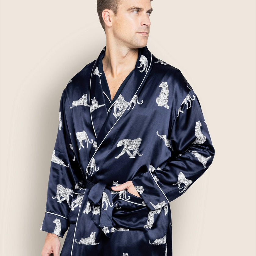Men's Silk Long Robe in Panthère de Nuit