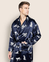 Men's Silk Long Robe in Panthère de Nuit