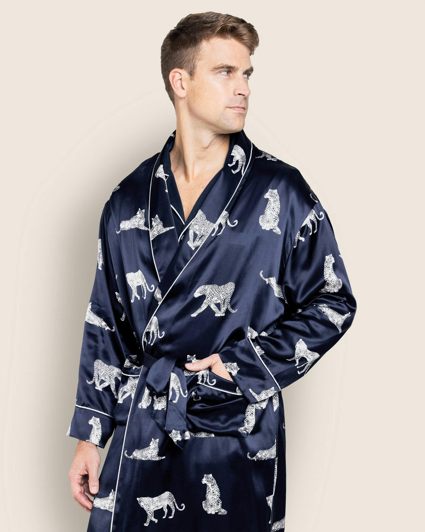 Men's Silk Long Robe in Panthère de Nuit