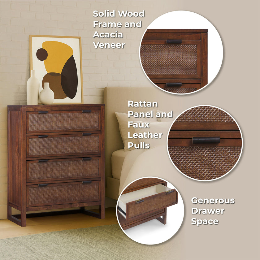 Hatteras Dresser with 4 Rattan Inlay Drawers, Faux Leather Pulls & Deep Storage