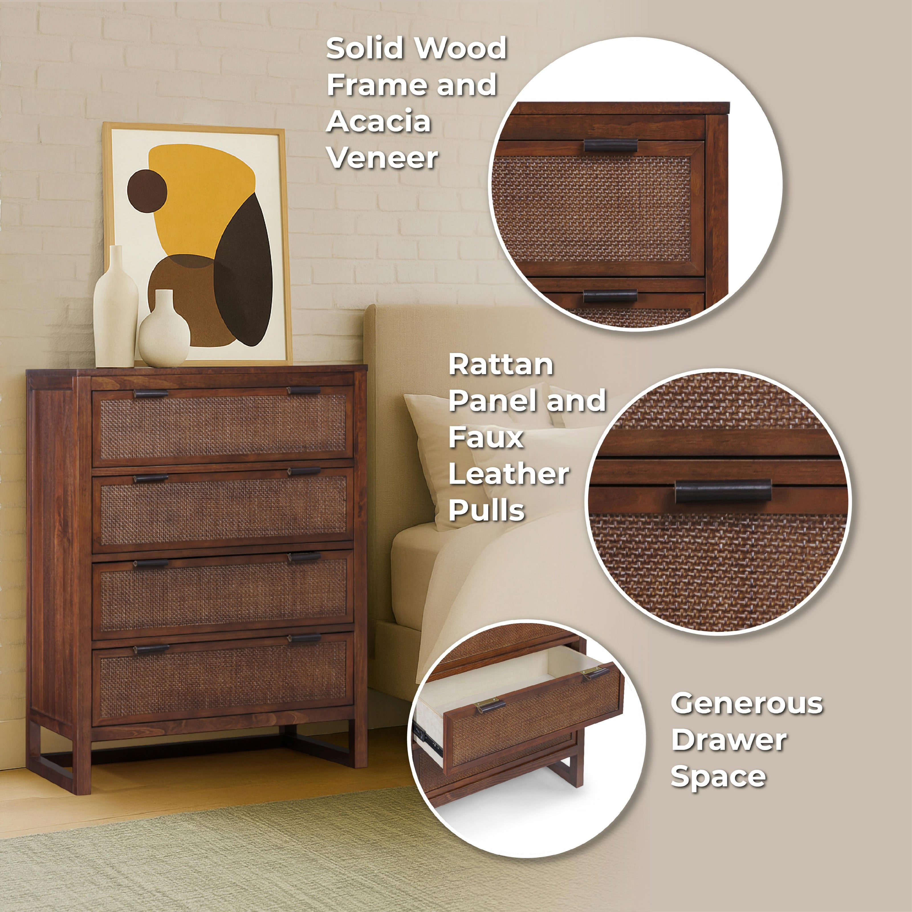 Hatteras Dresser with 4 Rattan Inlay Drawers, Faux Leather Pulls & Deep Storage