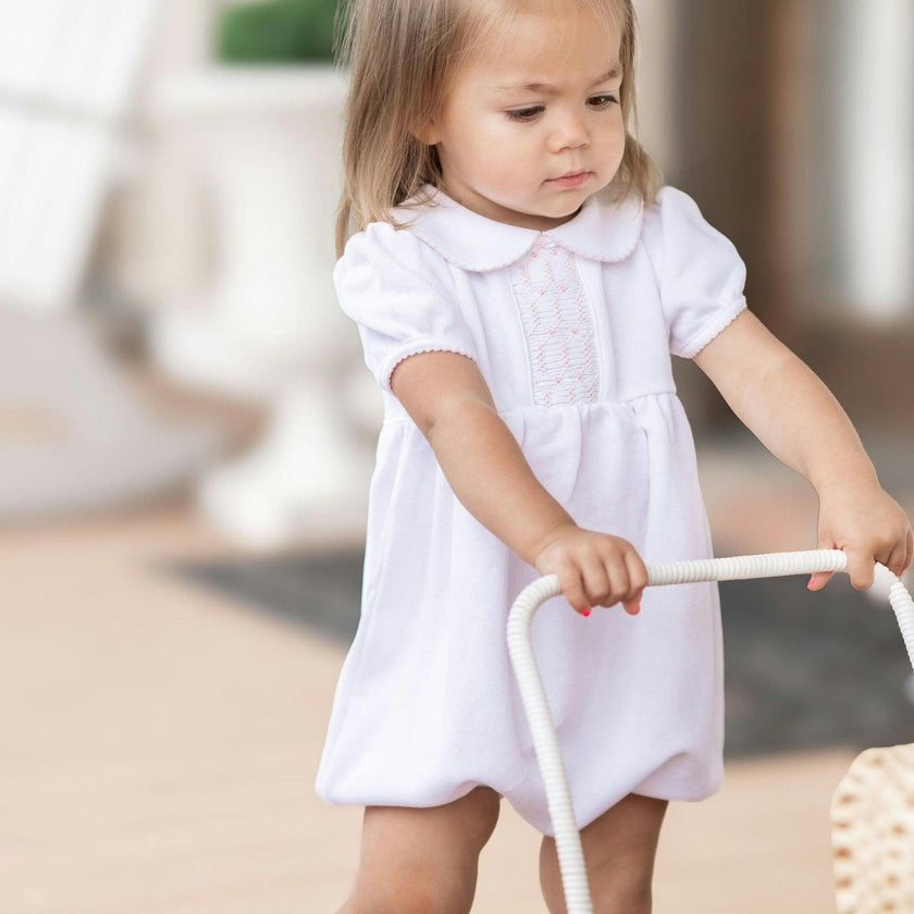Clara Hand Smocked Special Knit Bubble | White/Lt Pink