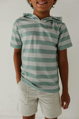 Boys Short Sleeve Hoodie Pullover in Sky Blue Stripe