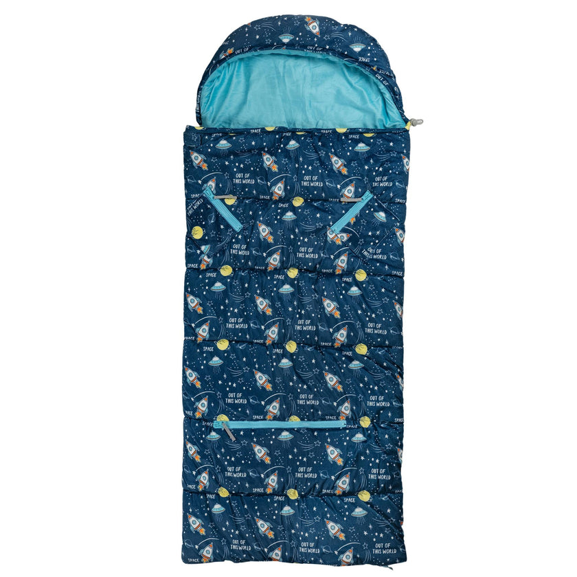 Sleep-n-Pack: Packable Little Kid's Sleeping Bag & Backpack, Cozy Mink, Space & Rockets