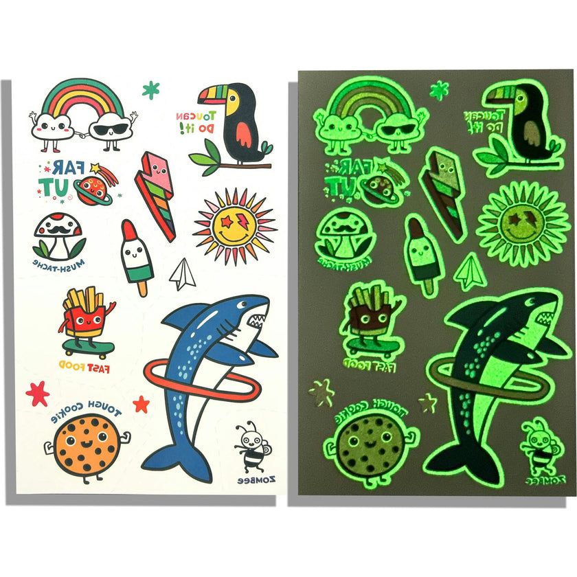 Tattoo-Palooza Glow in the Dark Temporary Tattoos - Bright & Funny - 3 Sheets