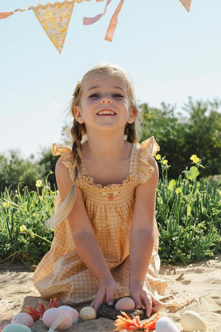 Smock Flutter Dress in Yellow Gingham/Strawberry