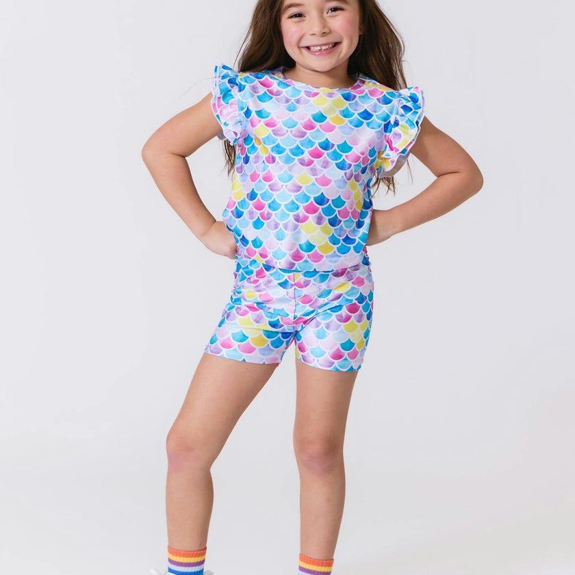 Girls Hi-Shine Booty Shorts in Watercolor Mermaid