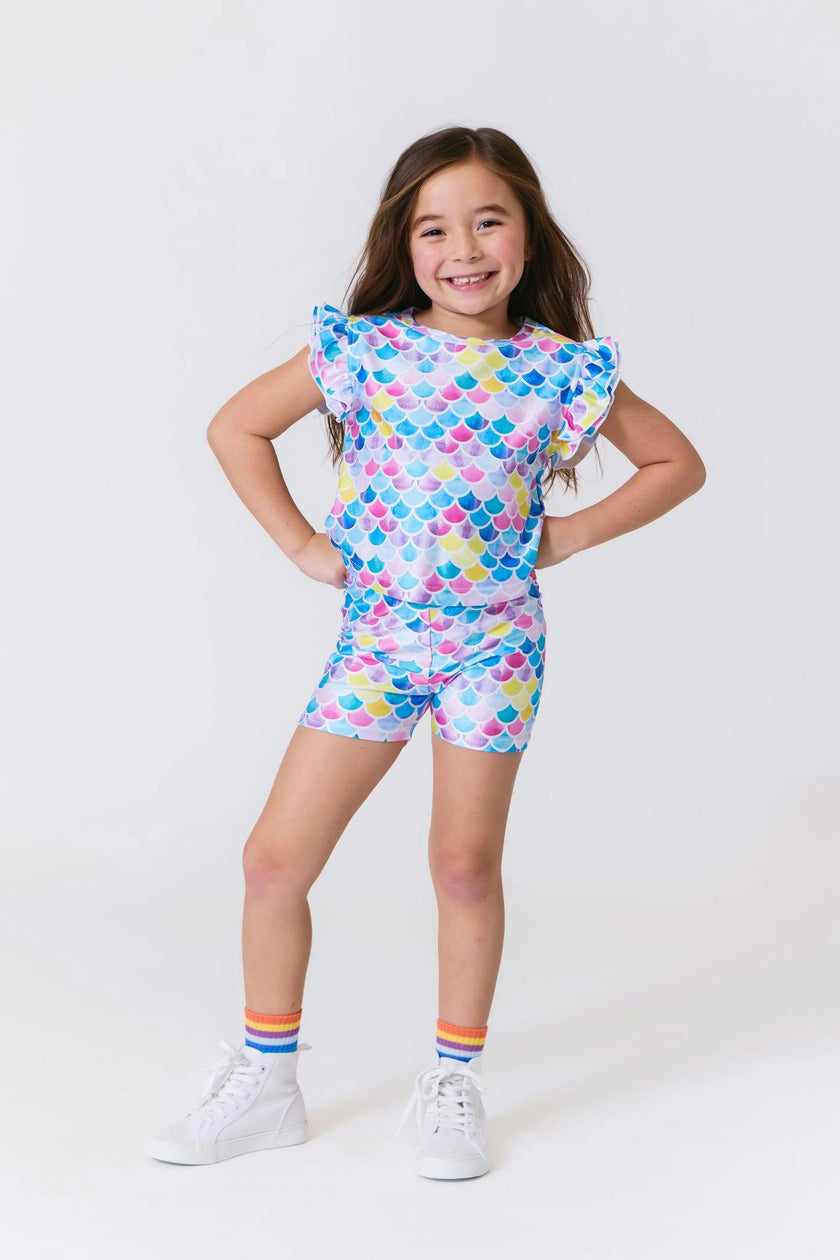 Girls Hi-Shine Booty Shorts in Watercolor Mermaid