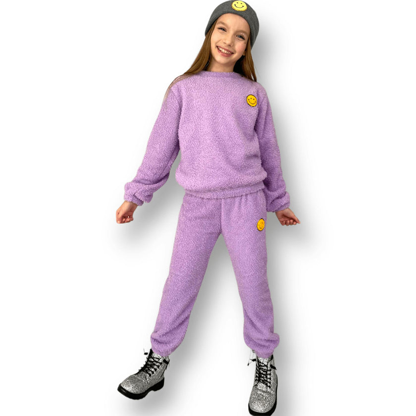 Bright Smiley Fuzzy Sweatshirt And Pant Set
