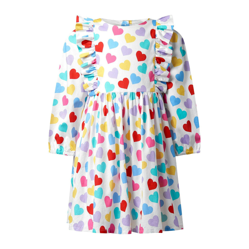 Confetti Heart Print Frill Shoulder Long Sleeve Dress
