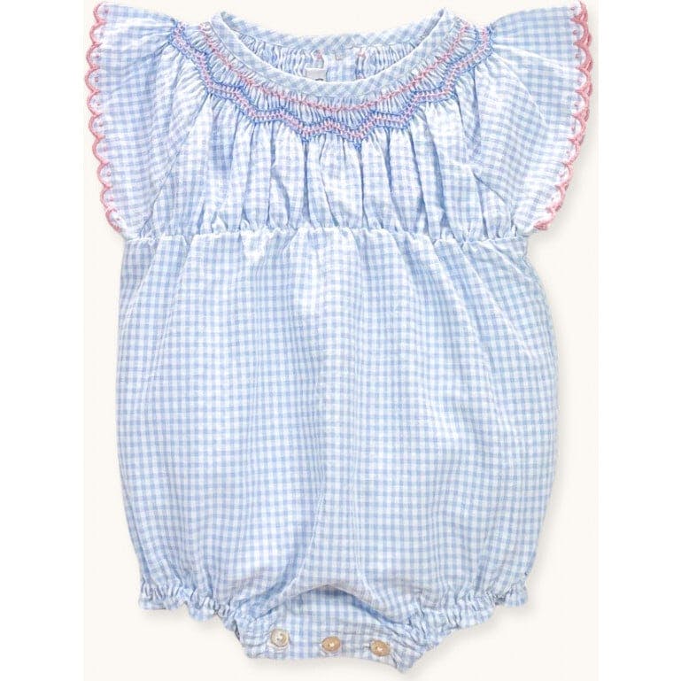 Romper Donna Hand-Smocked In Blue Gingham, Blue