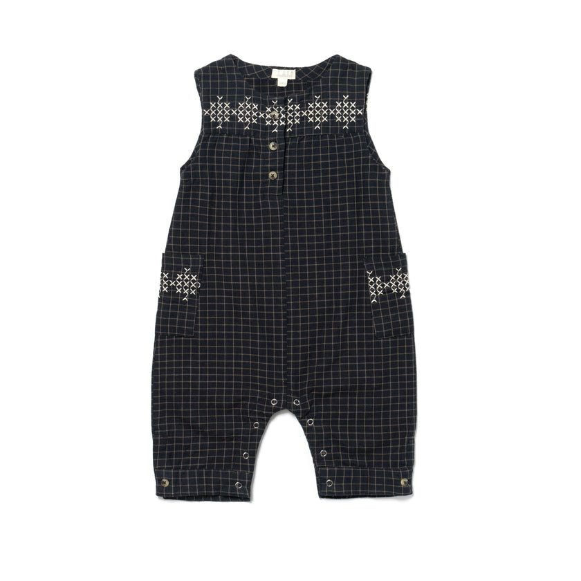 Embroidered Front Buttoned Sleeveless Jumpsuit, Navy