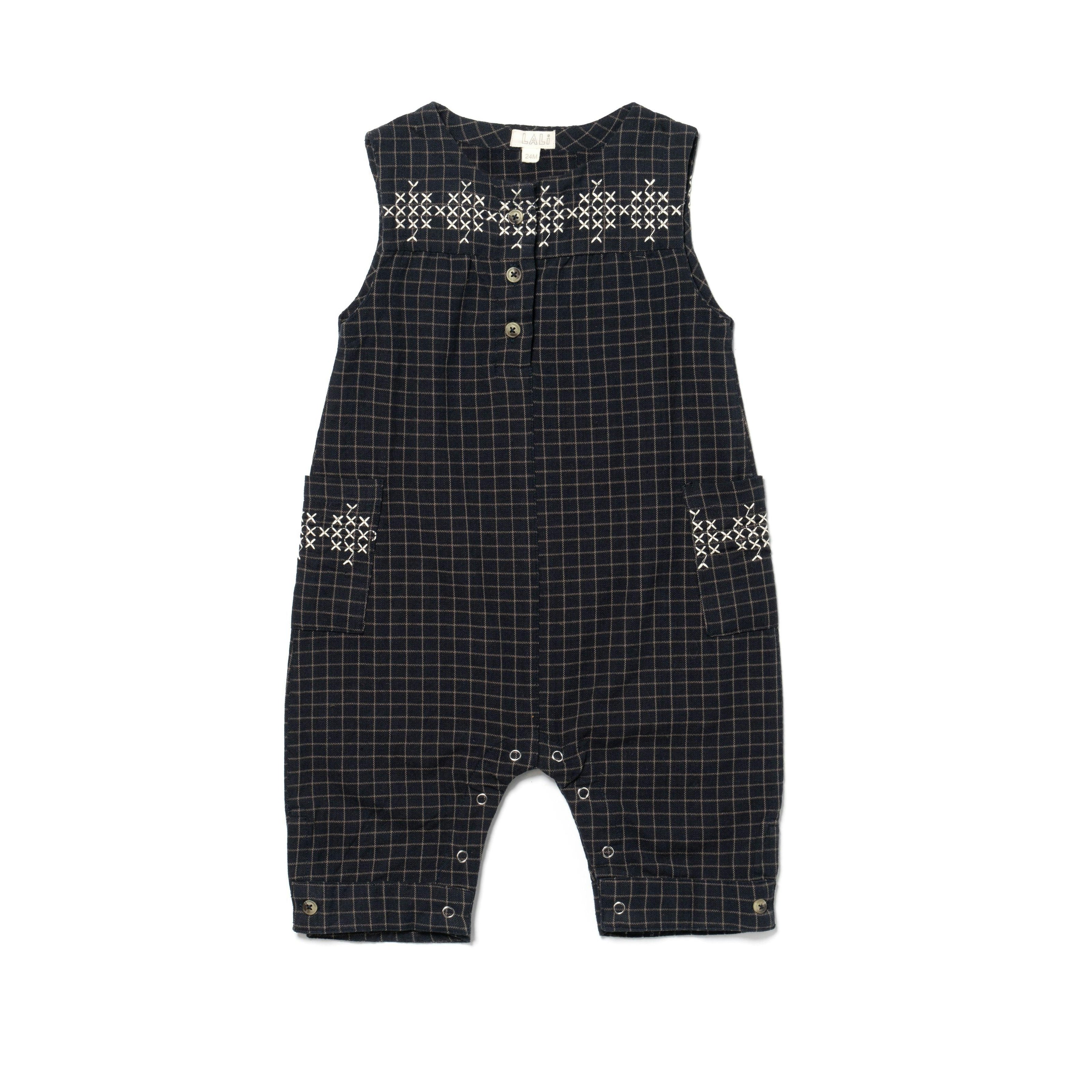 Embroidered Front Buttoned Sleeveless Jumpsuit, Navy