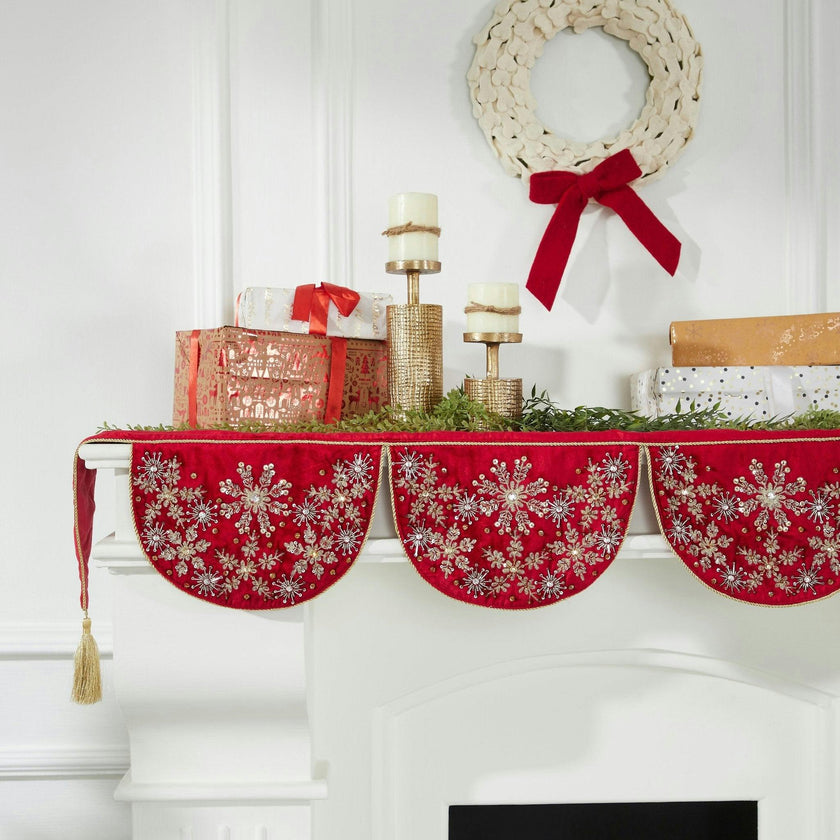 Red Velvet Mantel Scarf Hand Beading and Crewel Embroidery - 72"