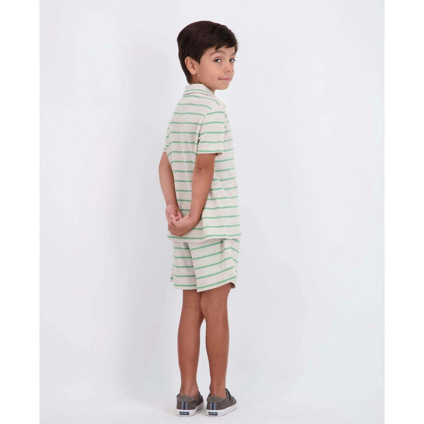 Boys Striped Waffle Polo Set | Oatmeal Dino
