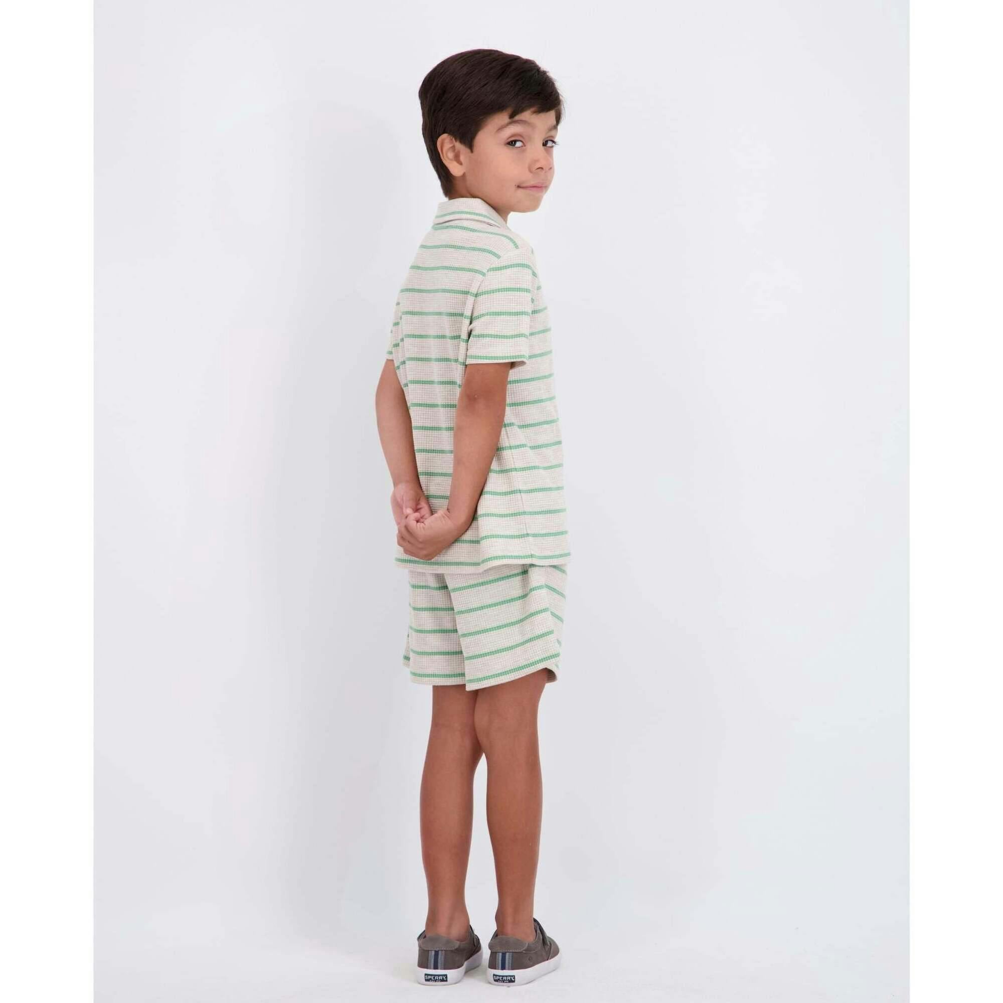 Boys Striped Waffle Polo Set | Oatmeal Dino