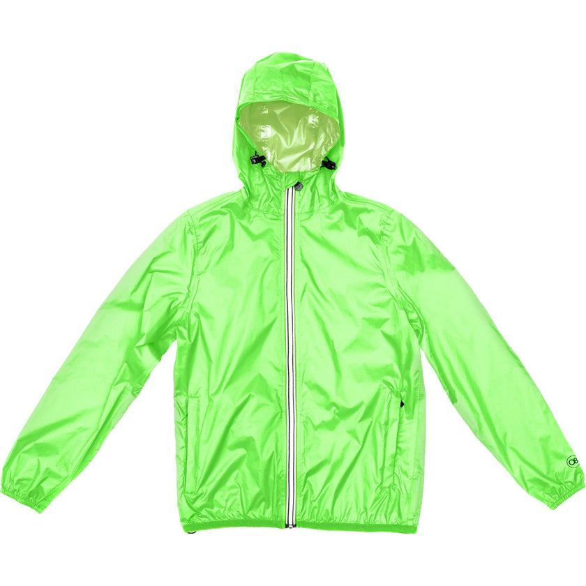 Green fluo full zip packable rain jacket and windbreaker