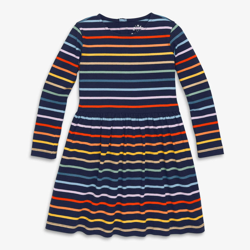 Kids long sleeve perfect pocket dress in rainbow stripe