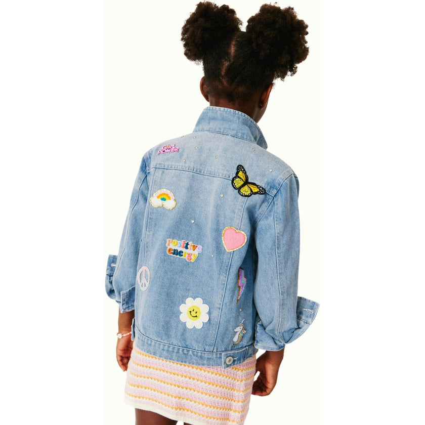 Jeweled Patched Denim Jacket, Blue