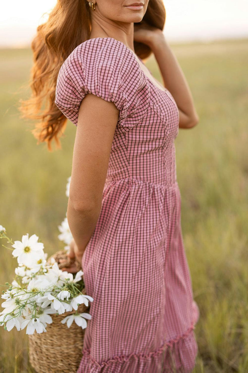 Monica Dress in Pink & Brown Gingham