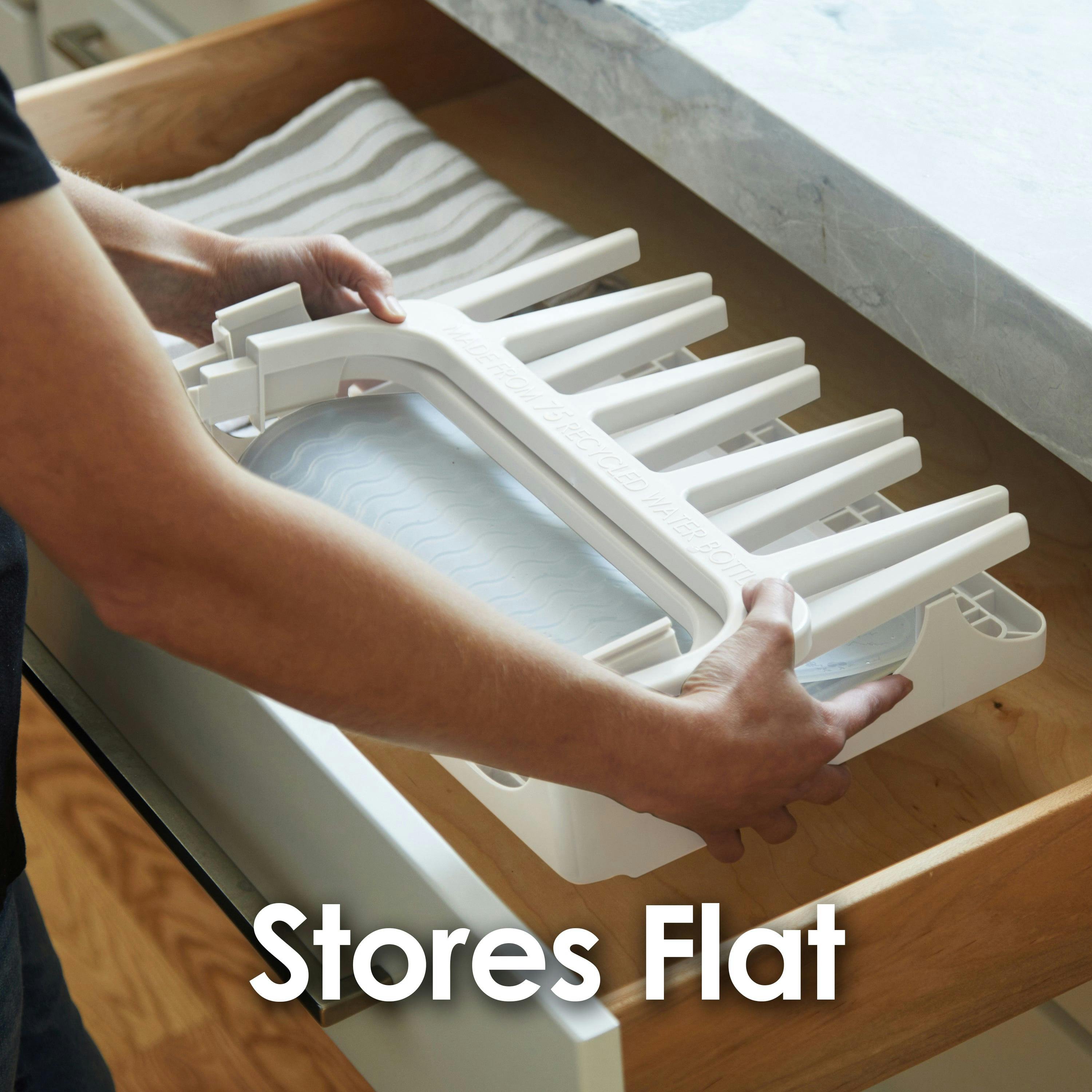 PopYum Glacier White Drying Rack from 100% Recycled Bottles with Silicone Drying Mat, countertop for Baby Bottles, Plastic Bags, Cups, Compact