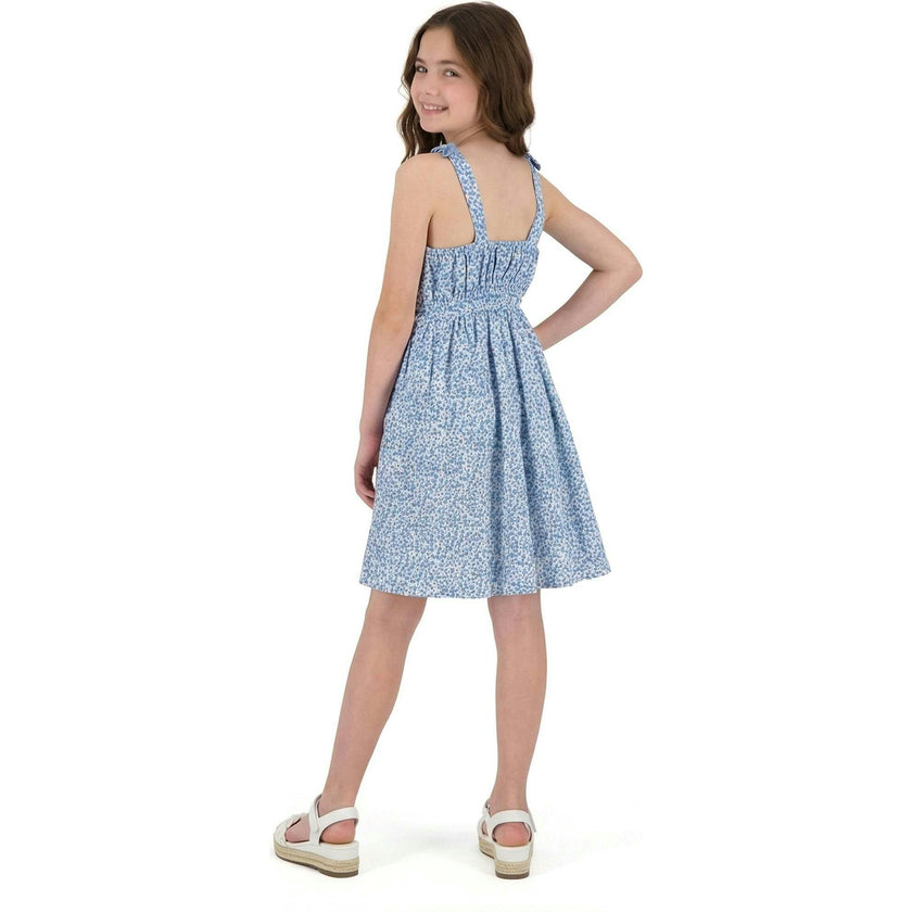 Tween Girls Floral Printed Dress W. Back Cutout | Blue Floral