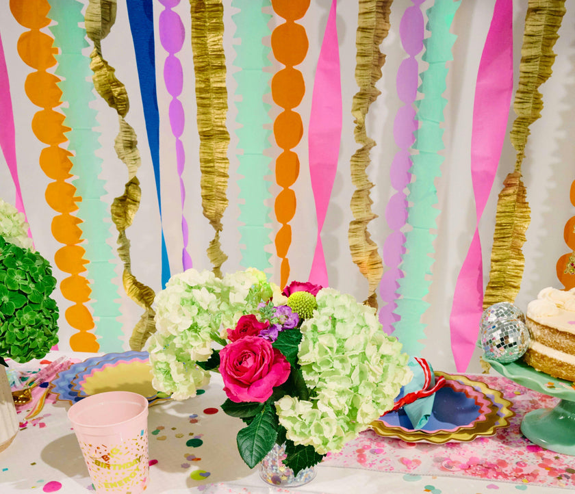 Packed Party Color Pop Streamer Party Backdrop Kit - 6 Colors of 72-Inch Crepe Paper Rolls with 60-Inch Gold Satin Ribbon for Photo Walls and Cake Tables