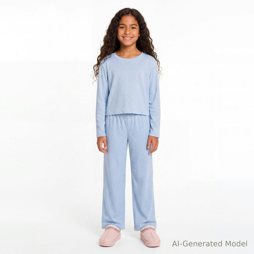 Tween (7-16) Girls Heart Pointelle Pajama Set | Light Blue