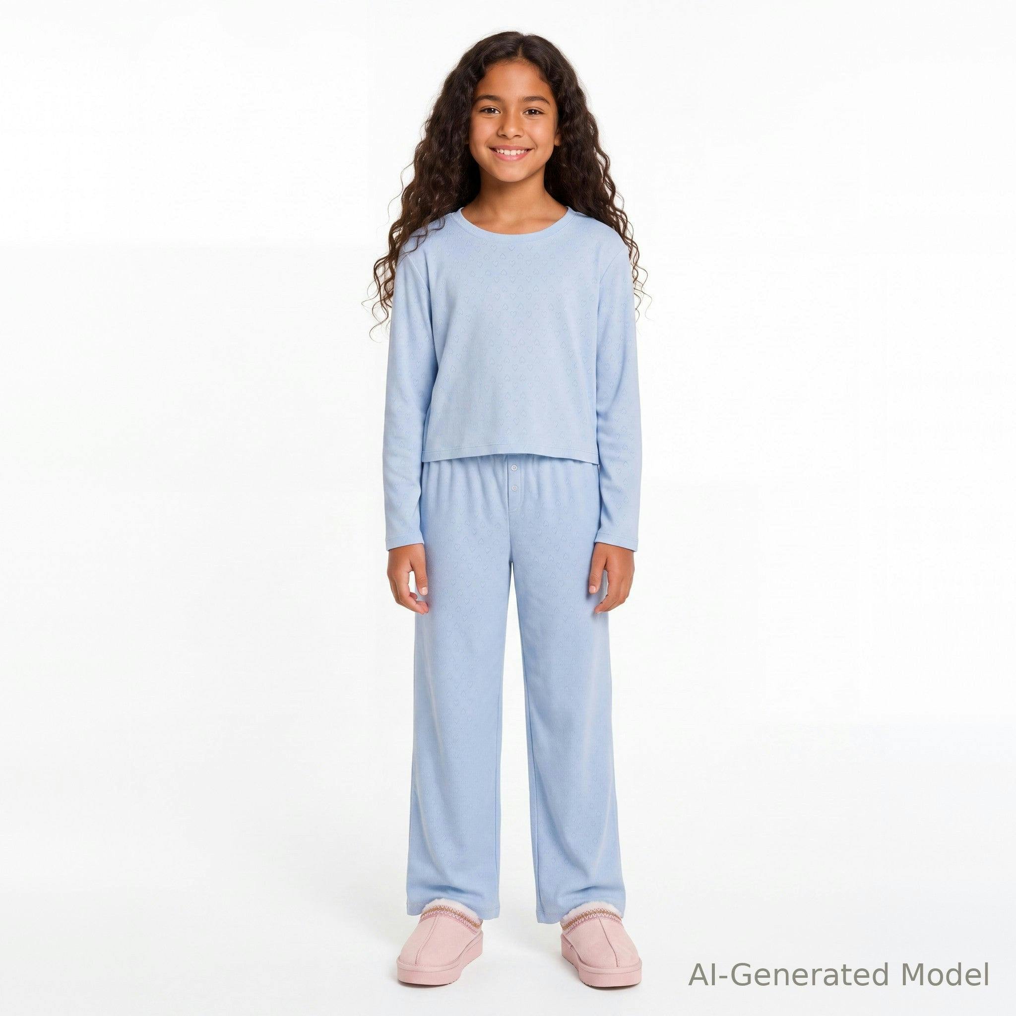 Tween (7-16) Girls Heart Pointelle Pajama Set | Light Blue
