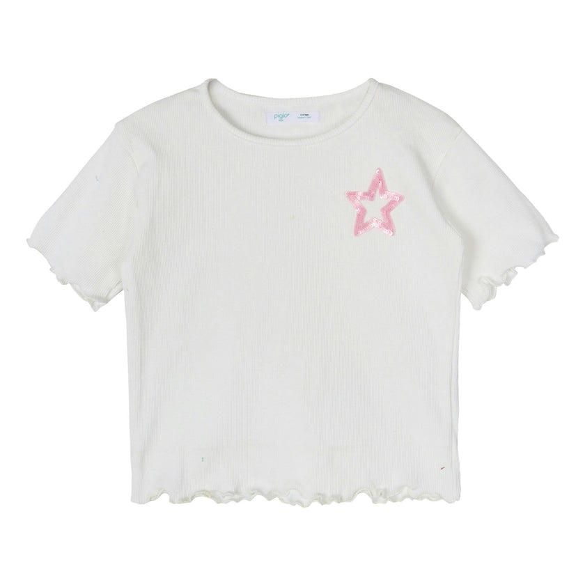 White Sequin Star Ribbed Top