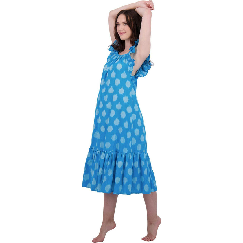Eva Women's Ruffle Sundress Cerulean Blue Ikat, Blue