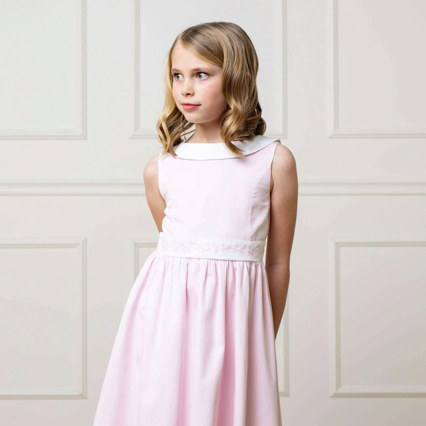 Organic Round Collar Sateen Party Dress with Embroidered Sash