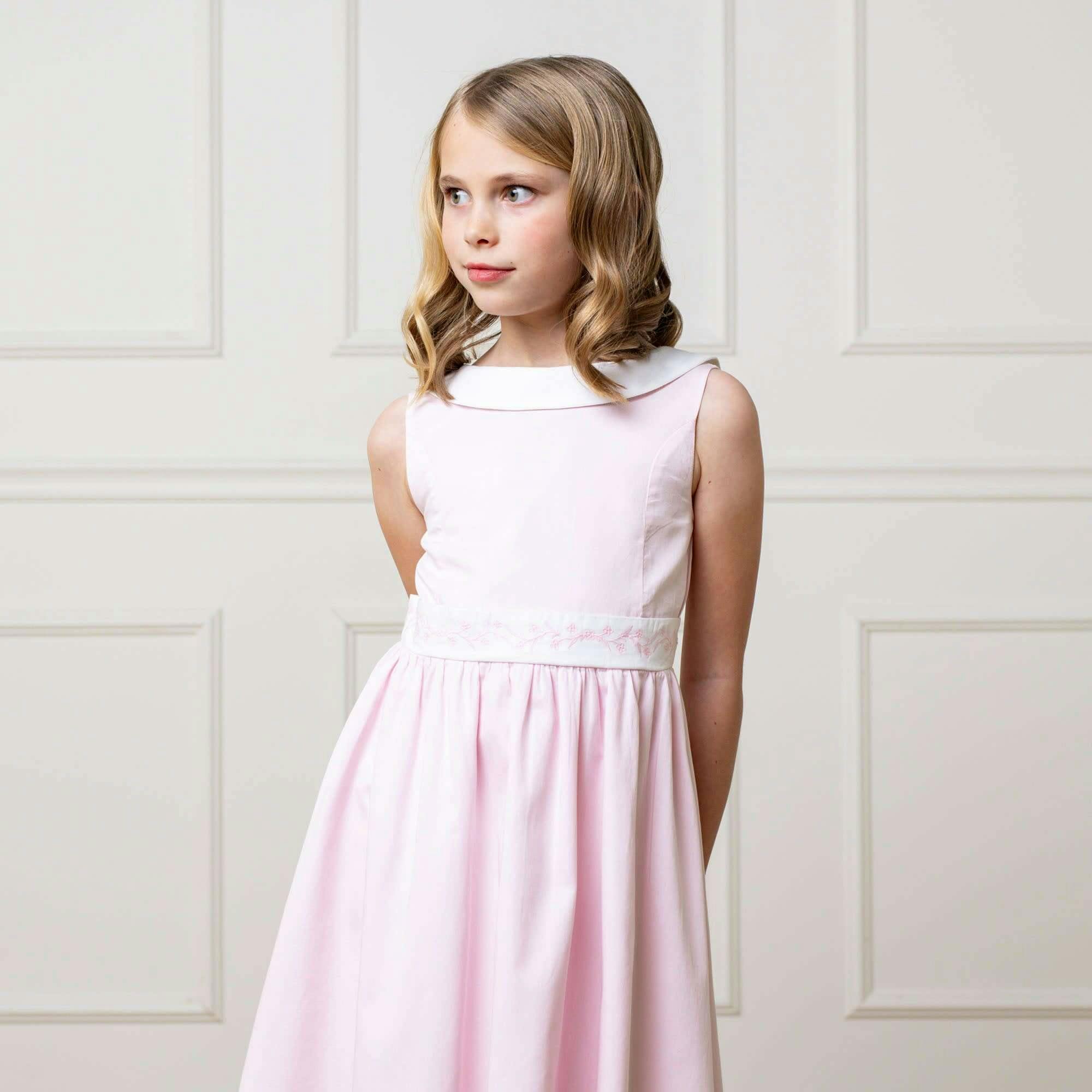 Organic Round Collar Sateen Party Dress with Embroidered Sash