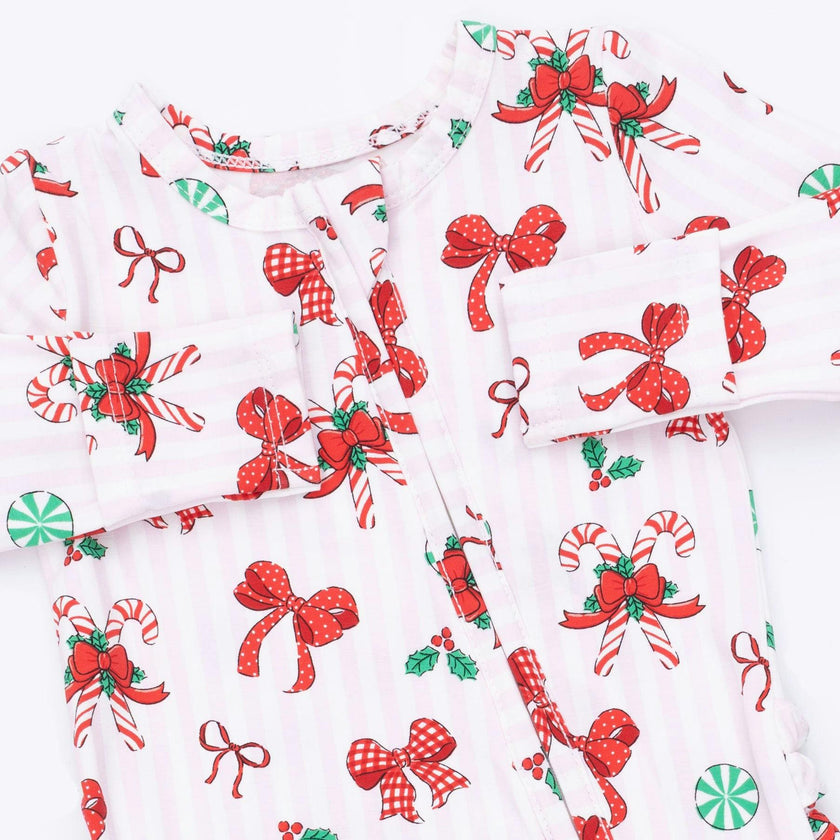Bows & Candy Canes - 2 Way Ruffle Back Zipper Footie