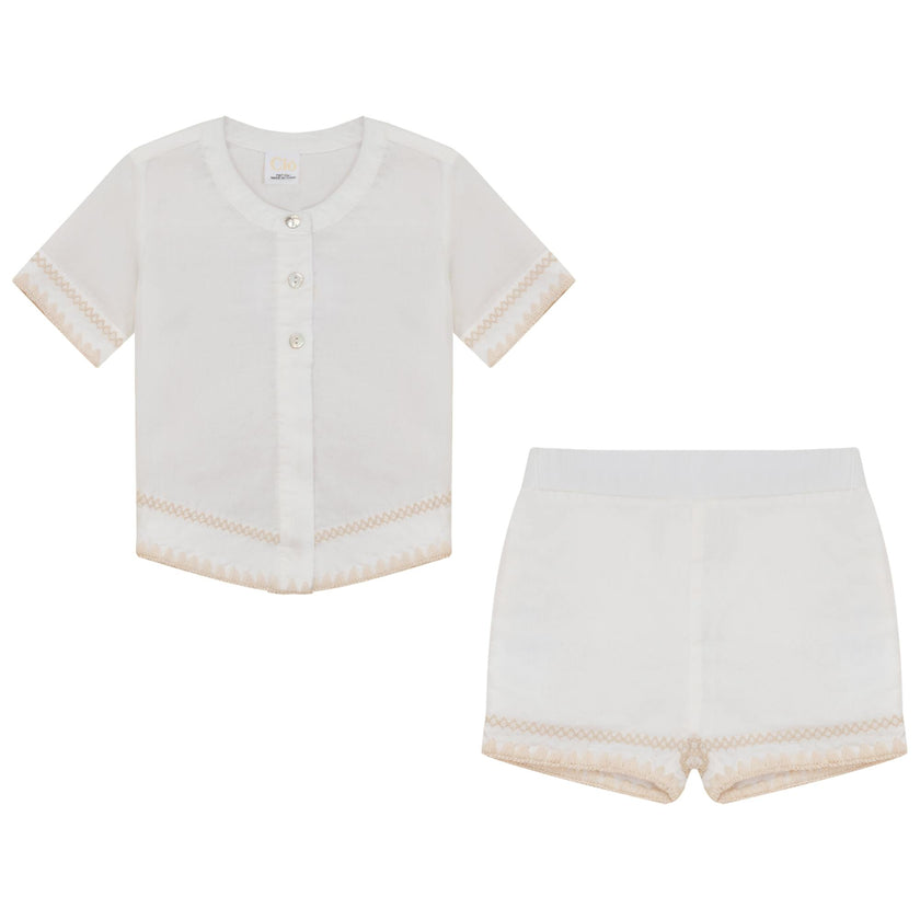 Cotton Embroidered Button Front Shirt and Shorts Two Piece Set