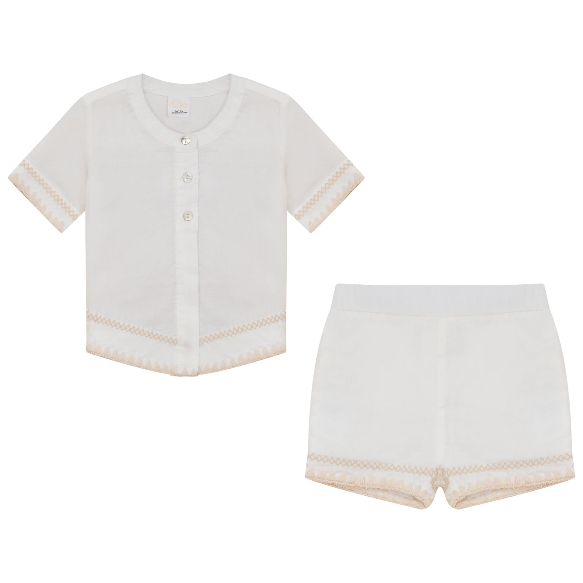 Cotton Embroidered Button Front Shirt and Shorts Two Piece Set