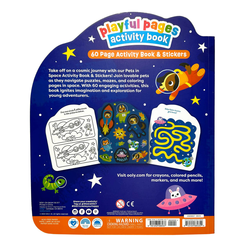 Playful Pages Activity Book - Games Coloring Stickers - Pets in Space - 60 Pages
