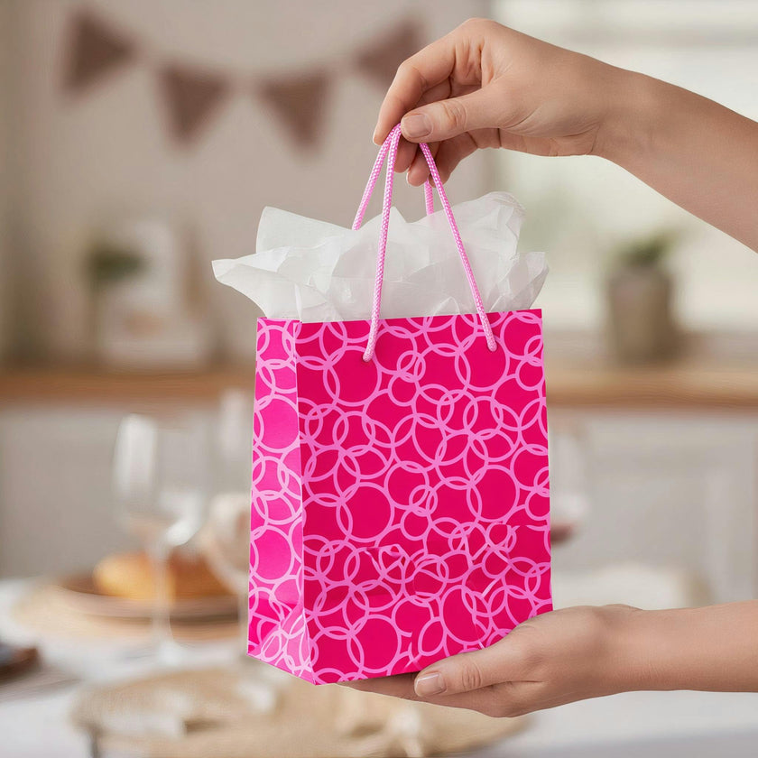 Set of Six Recycled Cotton Gift Bags Tag Pink Circles Design