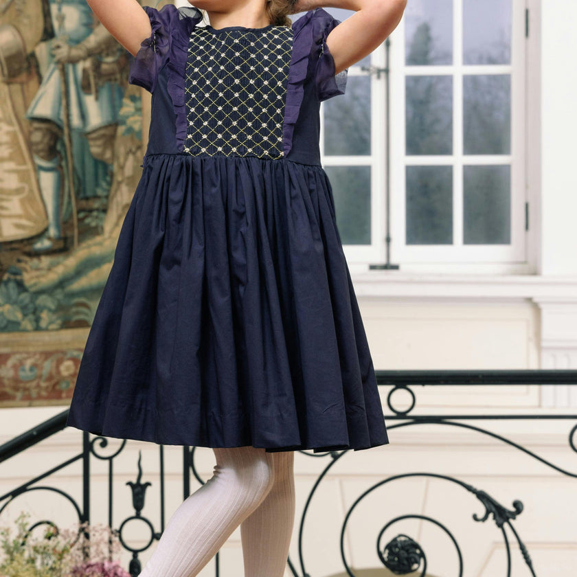 Camelia Navy Cotton Smocked Dress