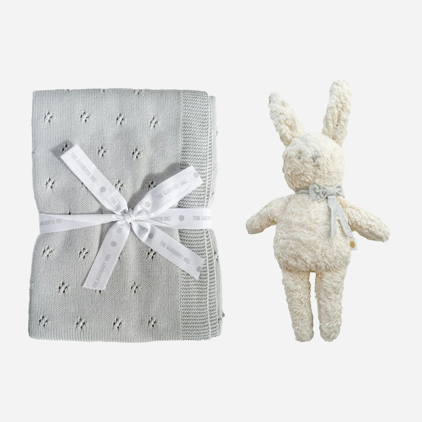 Pique Blanket and Charlie Bunny Plush Set - Grey