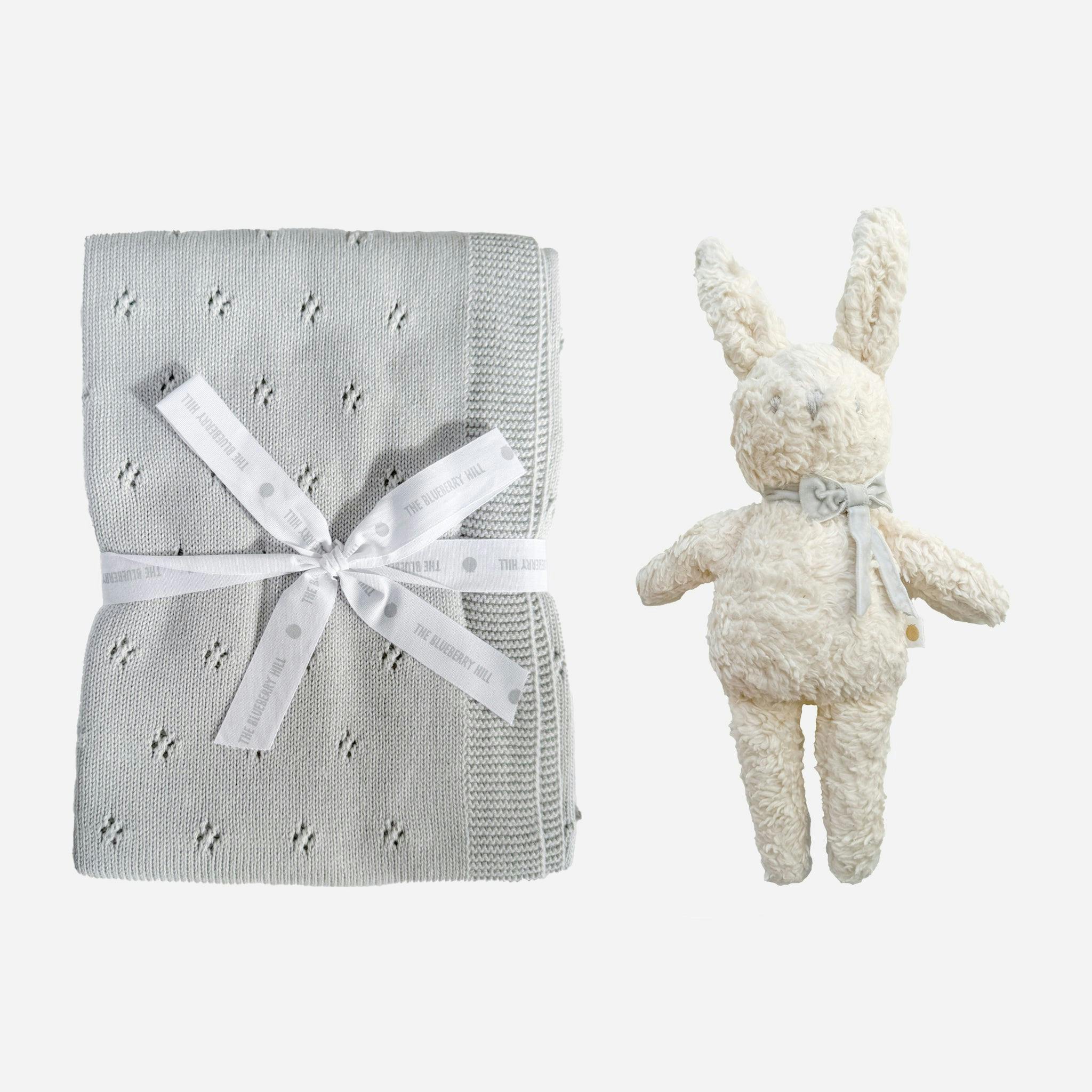 Pique Blanket and Charlie Bunny Plush Set - Grey