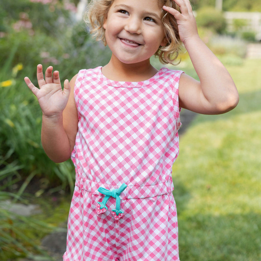 Gingham Print Knit Romper With Strawberries