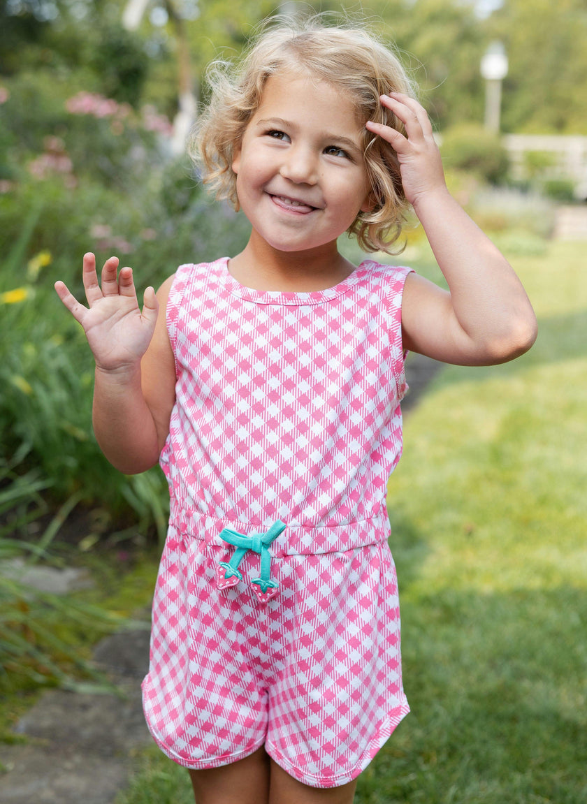 Gingham Print Knit Romper With Strawberries