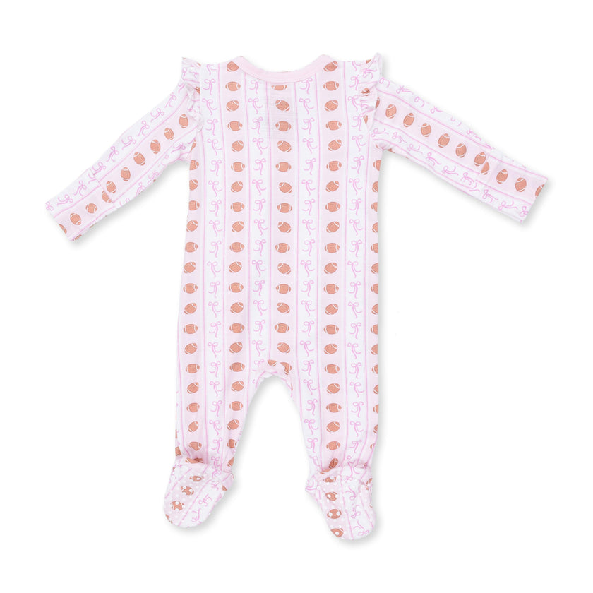 Football Bow Stripe - 2 Way Ruffle Sleeve Zipper Footie