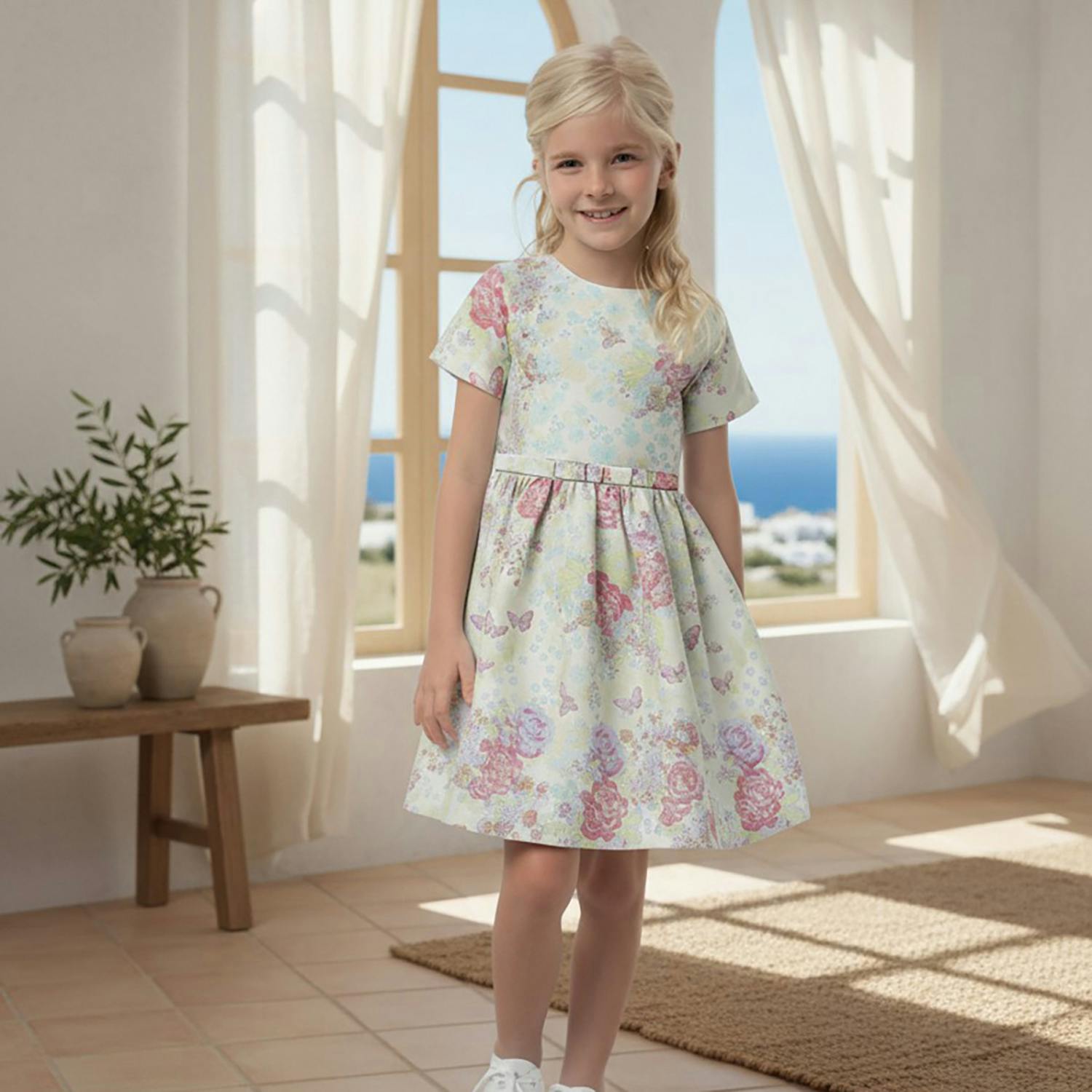 Eryna Girl Dress Short Sleeve, Pistachio Violet Flower