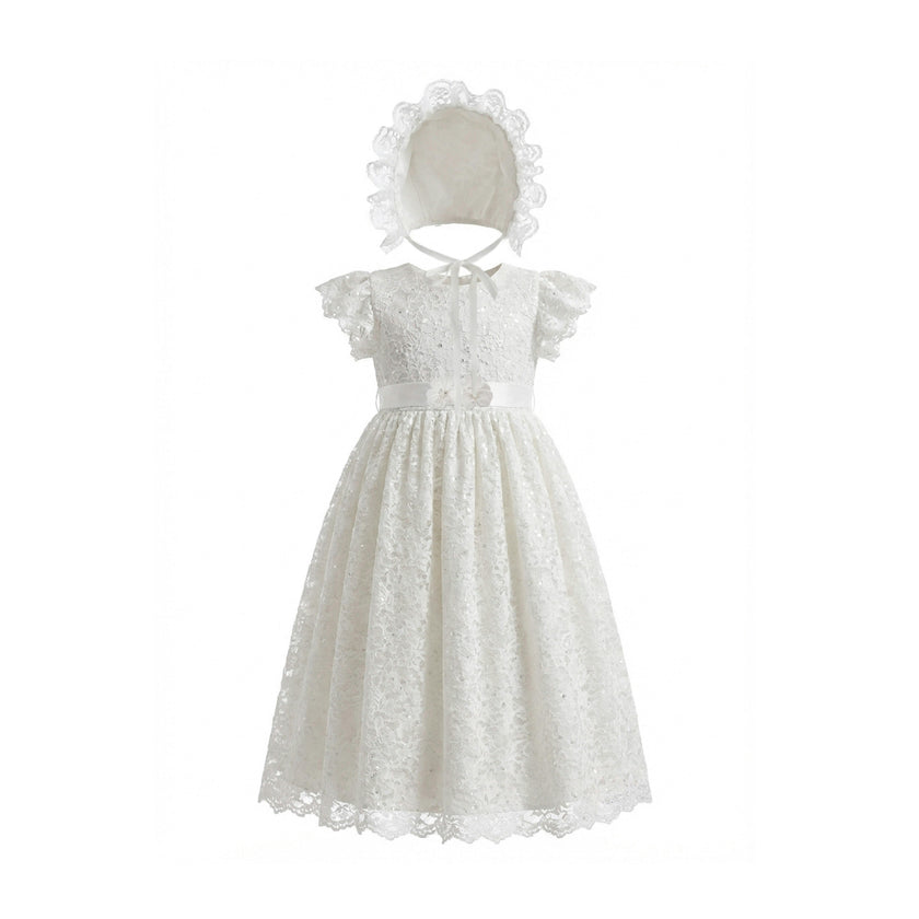 White Velloria Lace Christening Dress with Bonnet