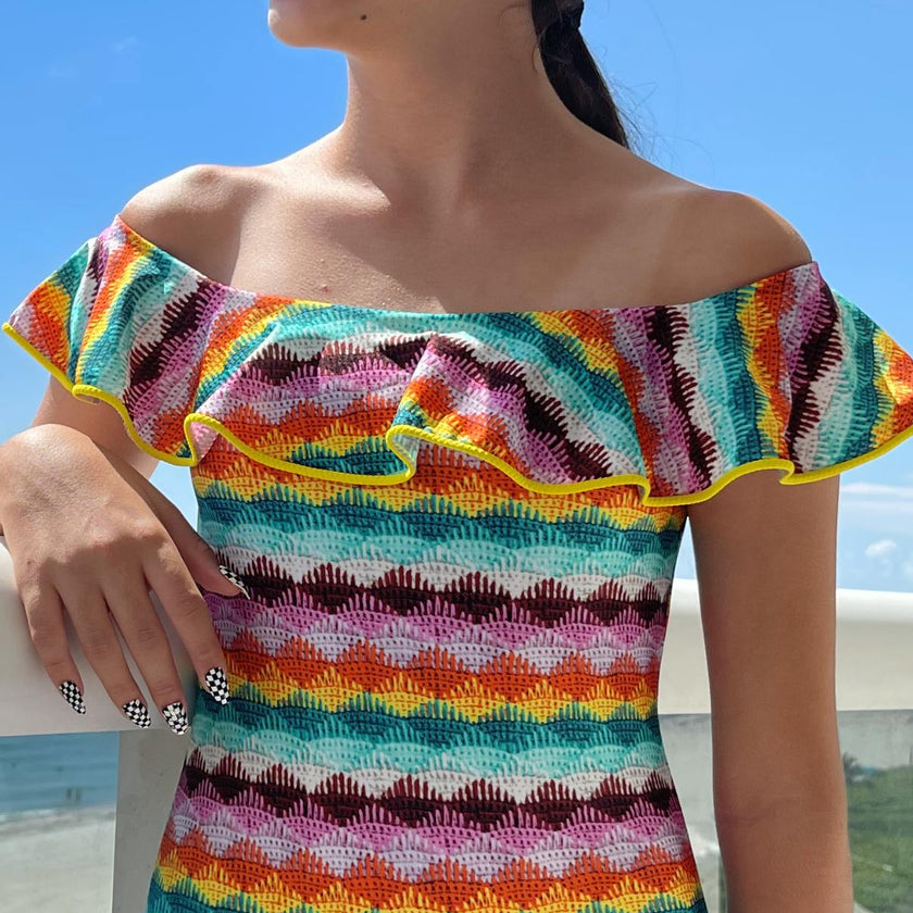 Pale Knit Ruffled On & Off-Shoulder Swimsuit