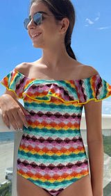 Pale Knit Ruffled On & Off-Shoulder Swimsuit