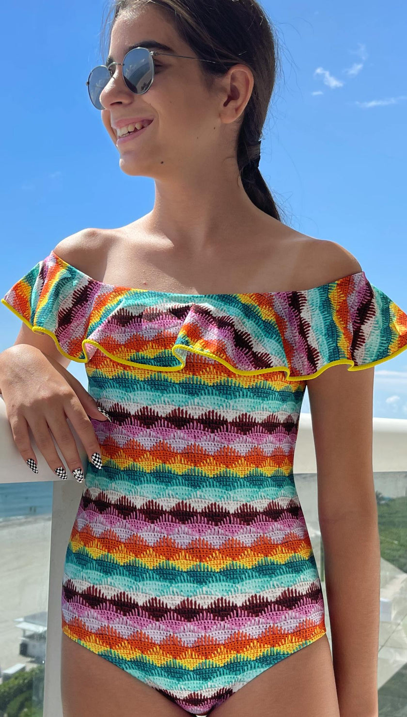 Pale Knit Ruffled On & Off-Shoulder Swimsuit