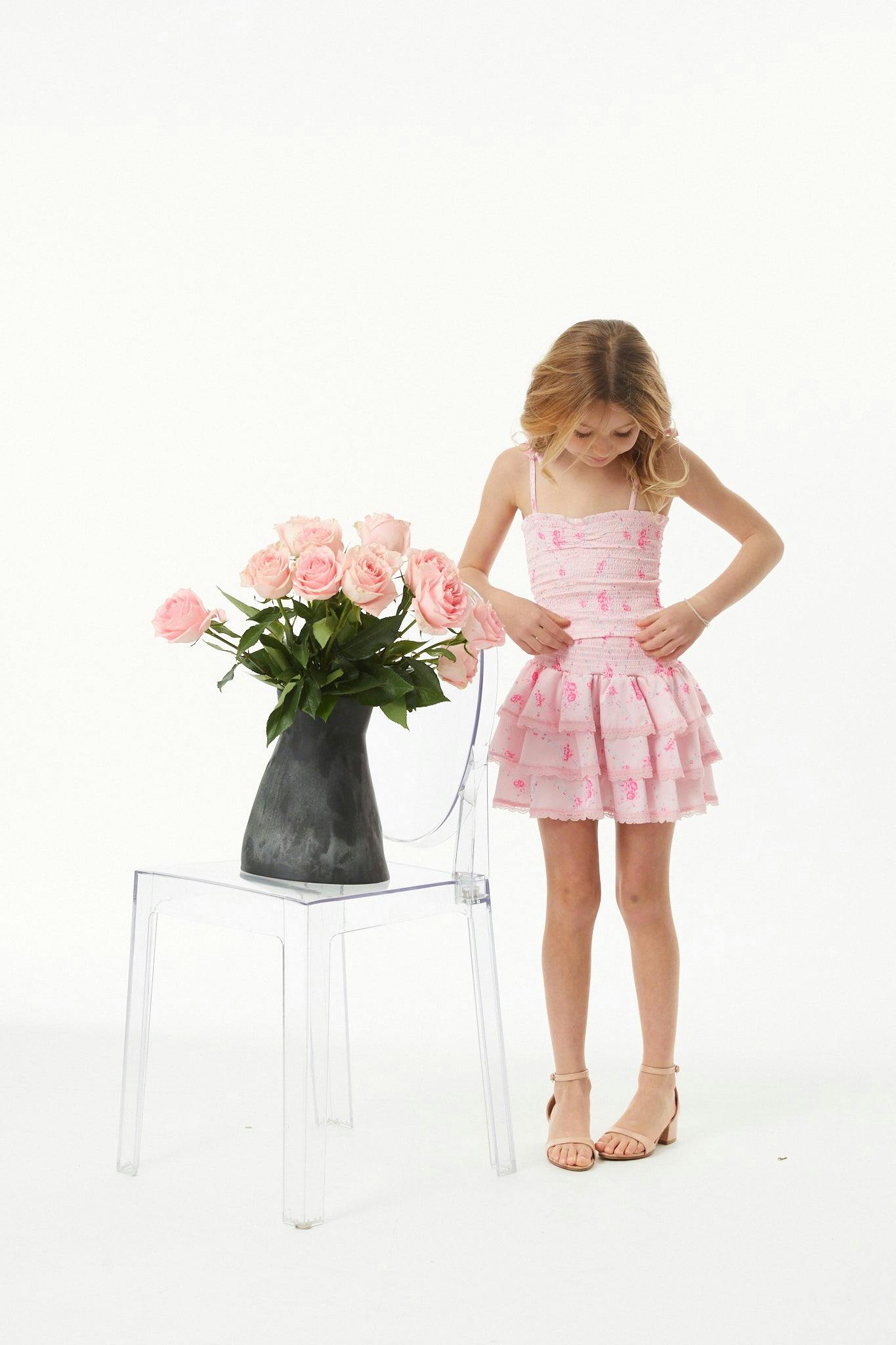 Gemma Vintage Rose Ballet Pink With Pink Lace Satin Smocked Ruffle Mini Skirt
